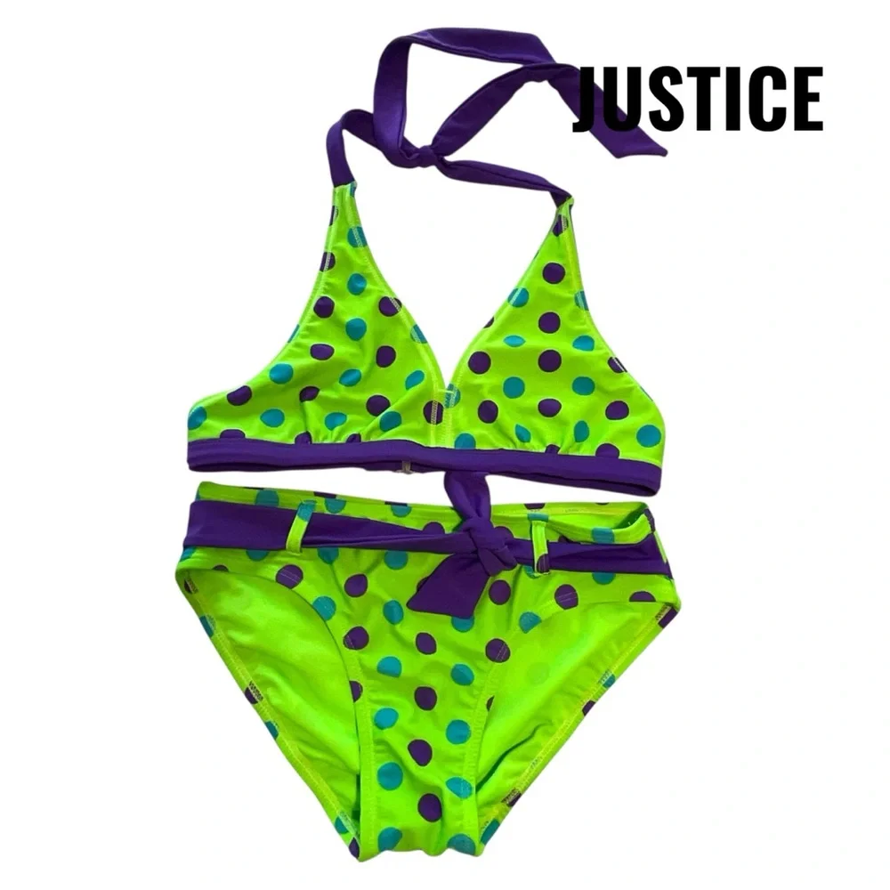 Justice Kids Swim Size 12, 2 Bikini Reversible top - Green and Purple